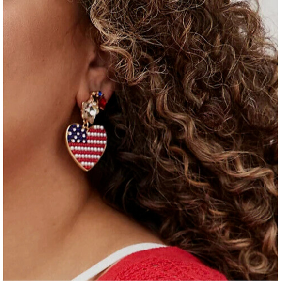 Torrid Earrings Heart Red White Blue Patriotic Fourth Of July Rhinestone America - Picture 3 of 7